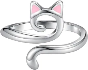 Stacking Ring for Women,Adjustable S925 Sterling Silver Statement Band for Her Cat Ears Stackable Open Finger Ring for Ladies