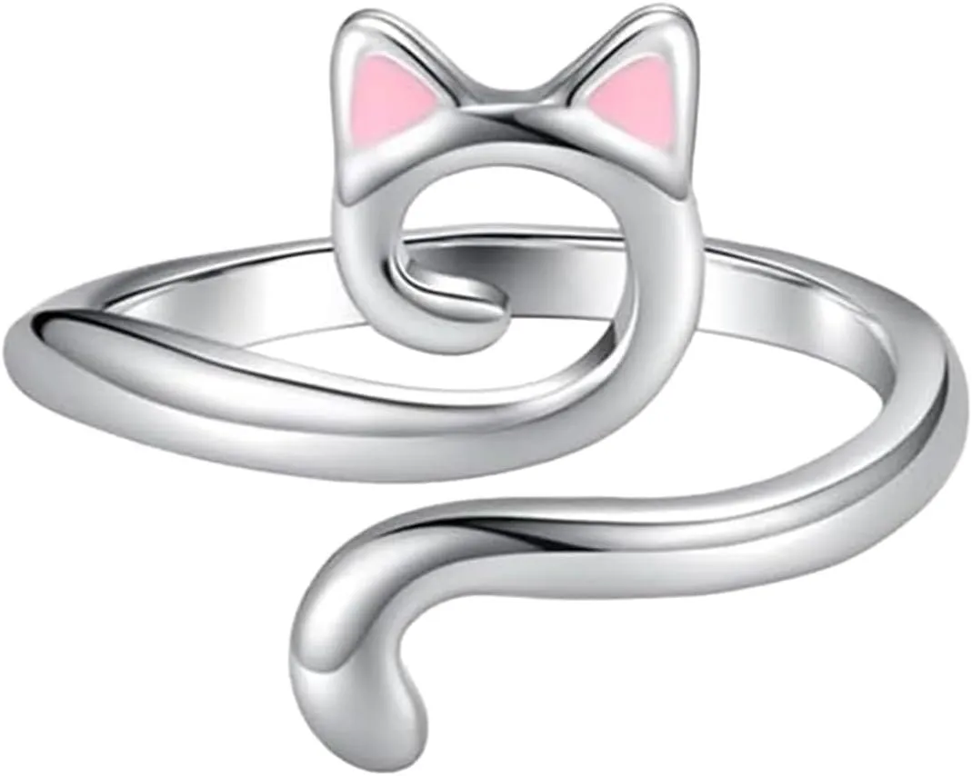 Stacking Ring for Women,Adjustable S925 Sterling Silver Statement Band for Her Cat Ears Stackable Open Finger Ring for Ladies