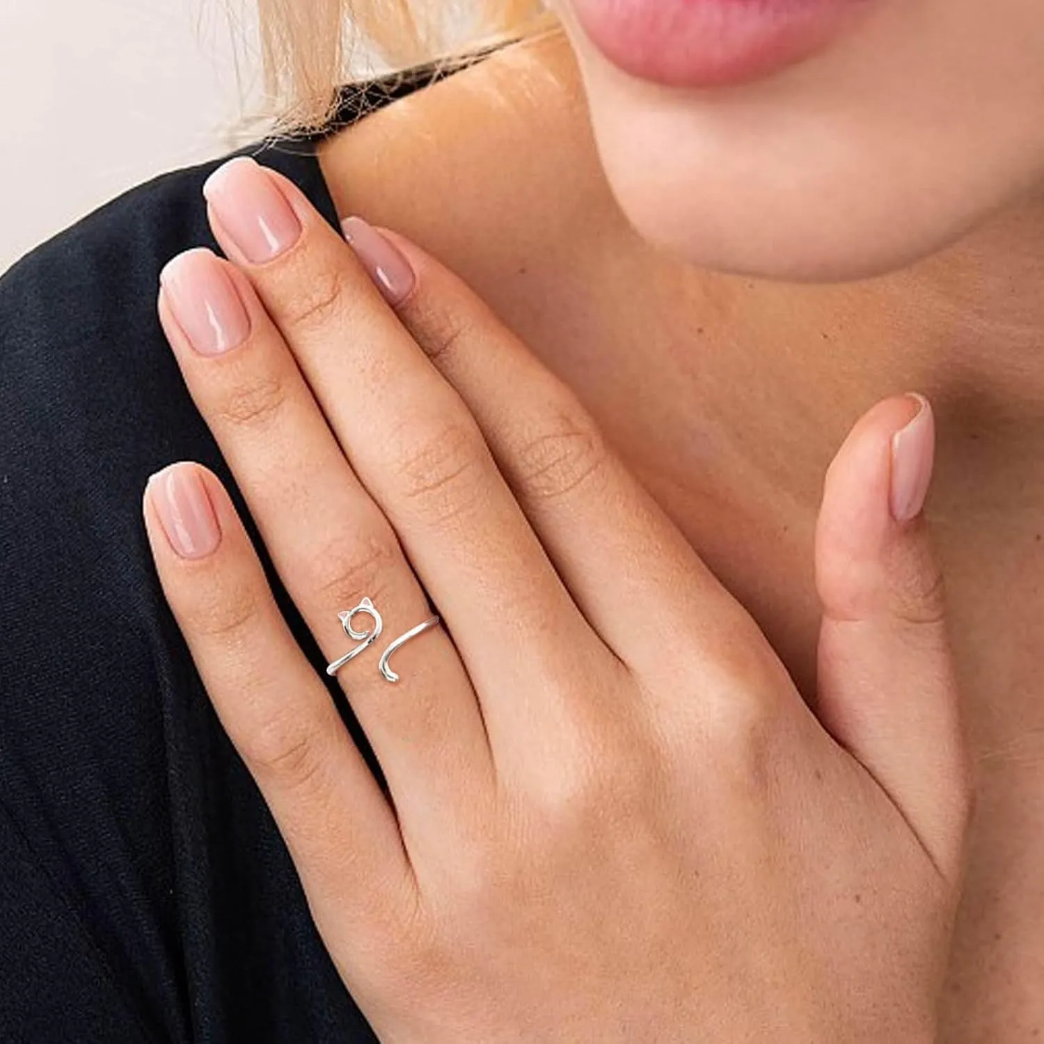 Stacking Ring for Women,Adjustable S925 Sterling Silver Statement Band for Her Cat Ears Stackable Open Finger Ring for Ladies