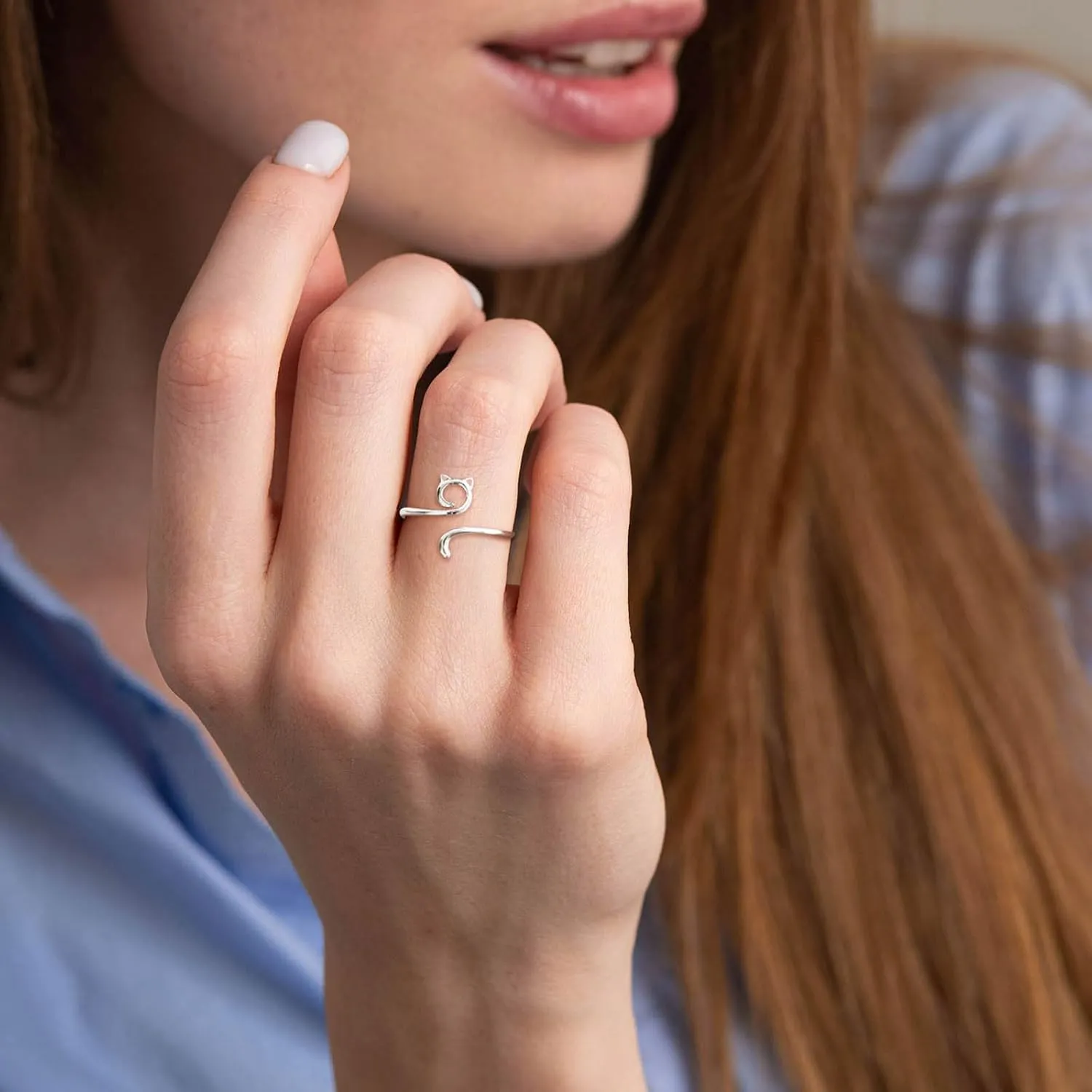 Stacking Ring for Women,Adjustable S925 Sterling Silver Statement Band for Her Cat Ears Stackable Open Finger Ring for Ladies