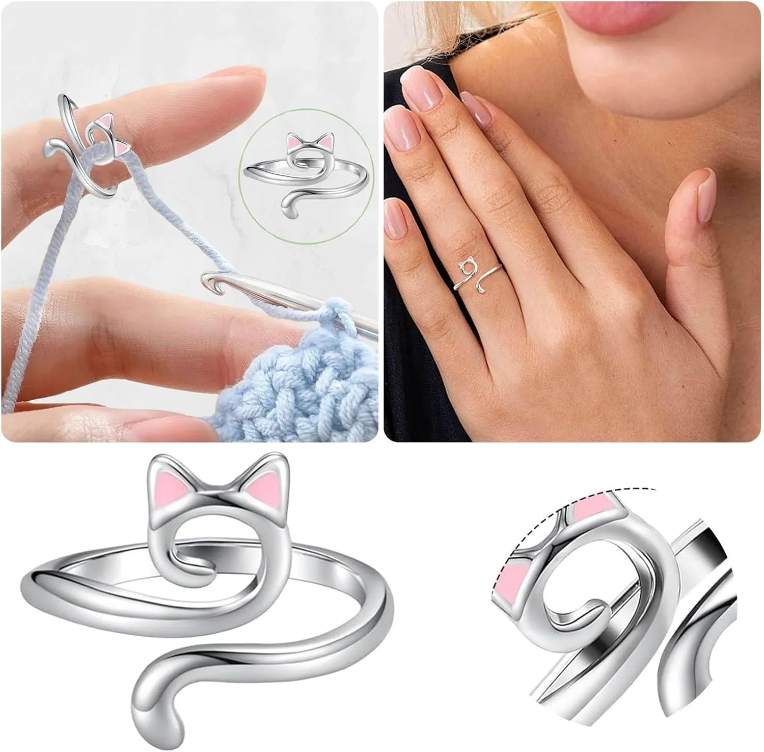 Stacking Ring for Women,Adjustable S925 Sterling Silver Statement Band for Her Cat Ears Stackable Open Finger Ring for Ladies