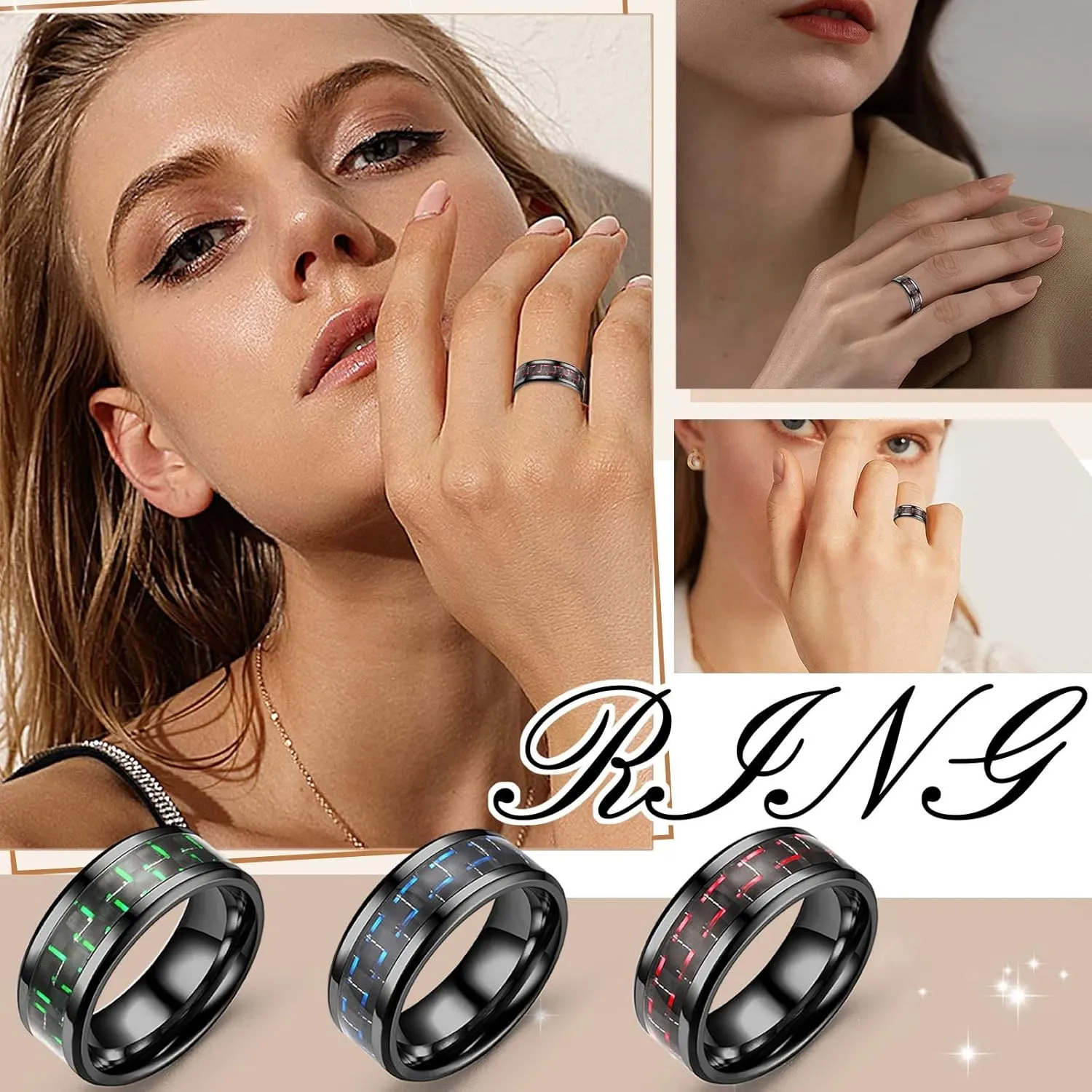Stainless Steel Ring for Couple,Black Plated Gold Tungsten Carbon Fiber Inlay Engagement Band Stackable Knuckle Ring Set