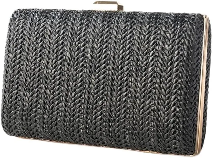 Straw Clutch Purse Banquet Bag Creative Straw Square Bag Clutch Bag Beach Woven Bag(Black)