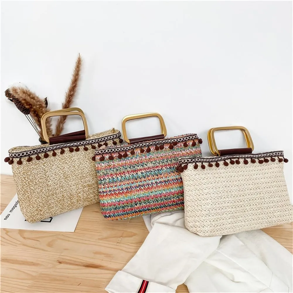 Straw Clutch Purse Female Simple Casual Tote Beach Bag Beach Woven Bag