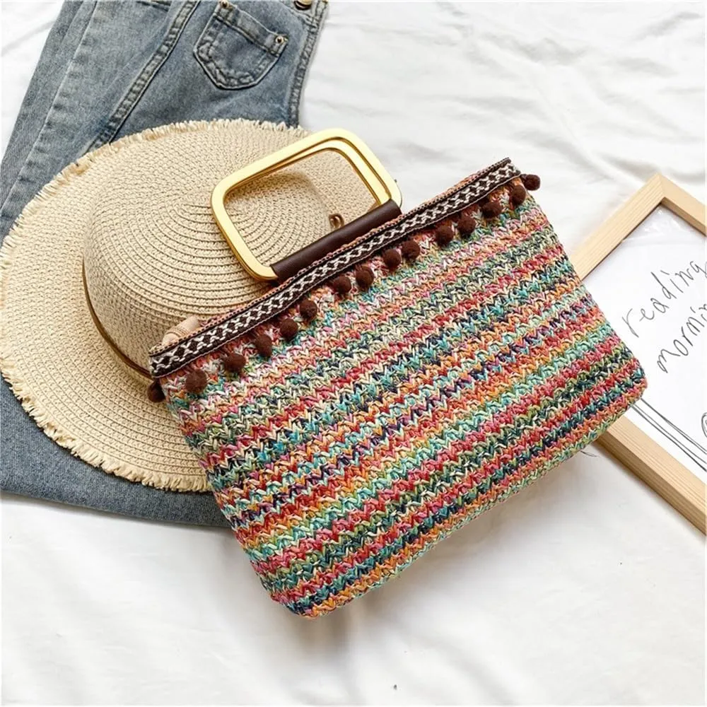 Straw Clutch Purse Female Simple Casual Tote Beach Bag Beach Woven Bag