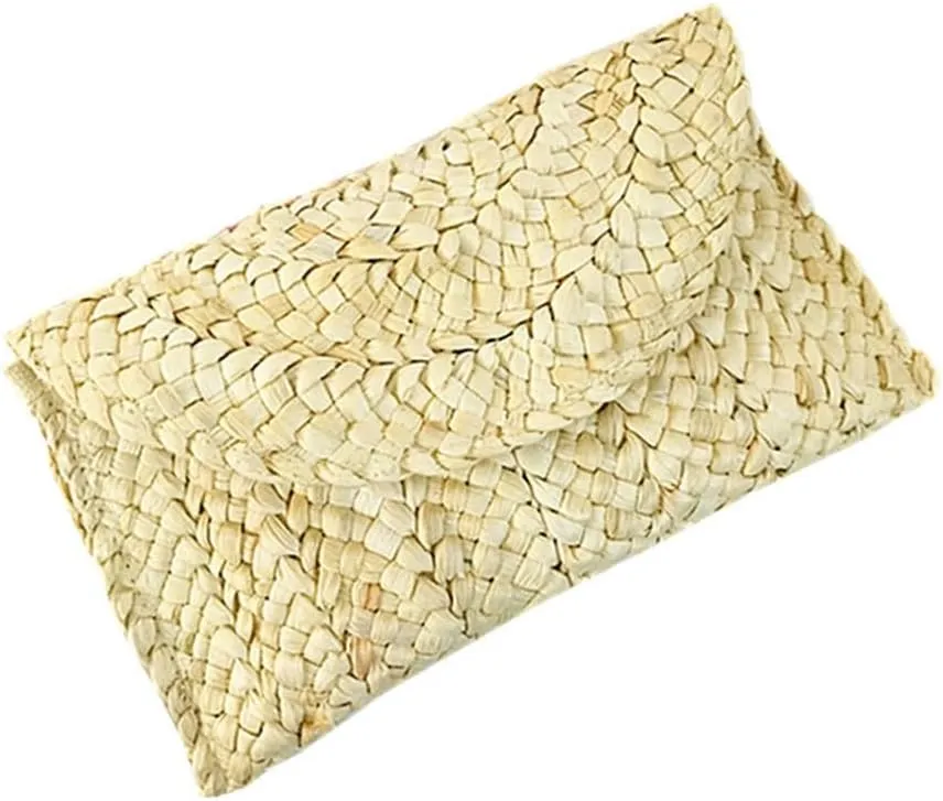 Straw Clutch Purse Women Straw Bags Clutch Summer Straw Clip Bags Beach Woven Bag(Beige)
