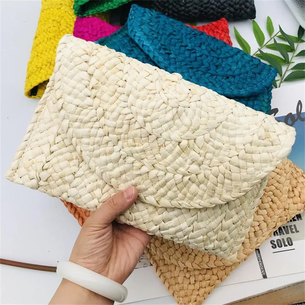 Straw Clutch Purse Women Straw Bags Clutch Summer Straw Clip Bags Beach Woven Bag(Beige)