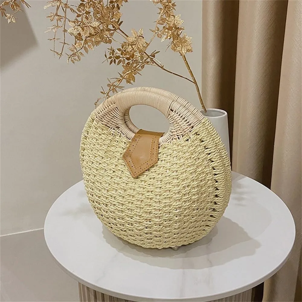 Straw Clutch Purse Women's Bag Small Round Bag Seaside Holiday Handbag Rattan Beach Woven Bag(Beige)