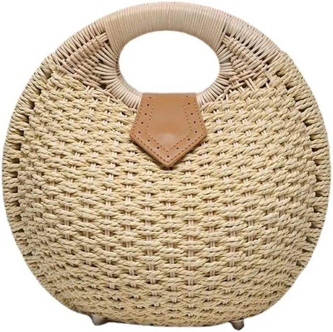 Straw Clutch Purse Women's Bag Small Round Bag Seaside Holiday Handbag Rattan Beach Woven Bag(Beige)