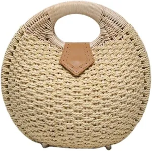 Straw Clutch Purse Women's Bag Small Round Bag Seaside Holiday Handbag Rattan Beach Woven Bag(Beige)
