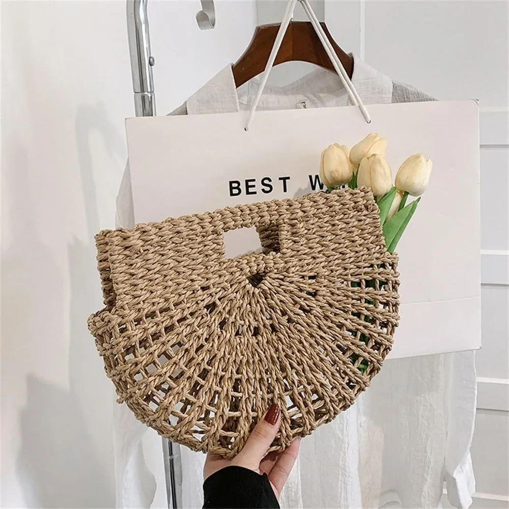 Straw Clutch Purse Women's Bag Summer Straw Bag Large Capacity Tote Bucket Bag Beach Woven Bag(Brown)