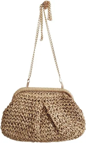 Straw Clutch Purse Womens Shell Bag Summer Clutch Straw Chain Beach Woven Bag
