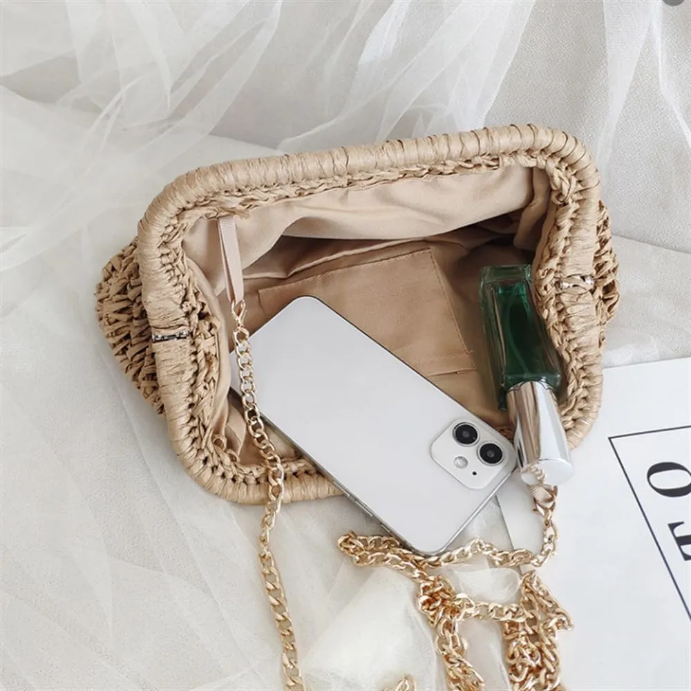 Straw Clutch Purse Womens Shell Bag Summer Clutch Straw Chain Beach Woven Bag