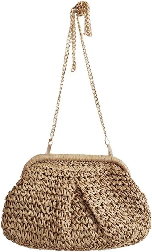 Straw Clutch Purse Womens Shell Bag Summer Clutch Straw Chain Beach Woven Bag