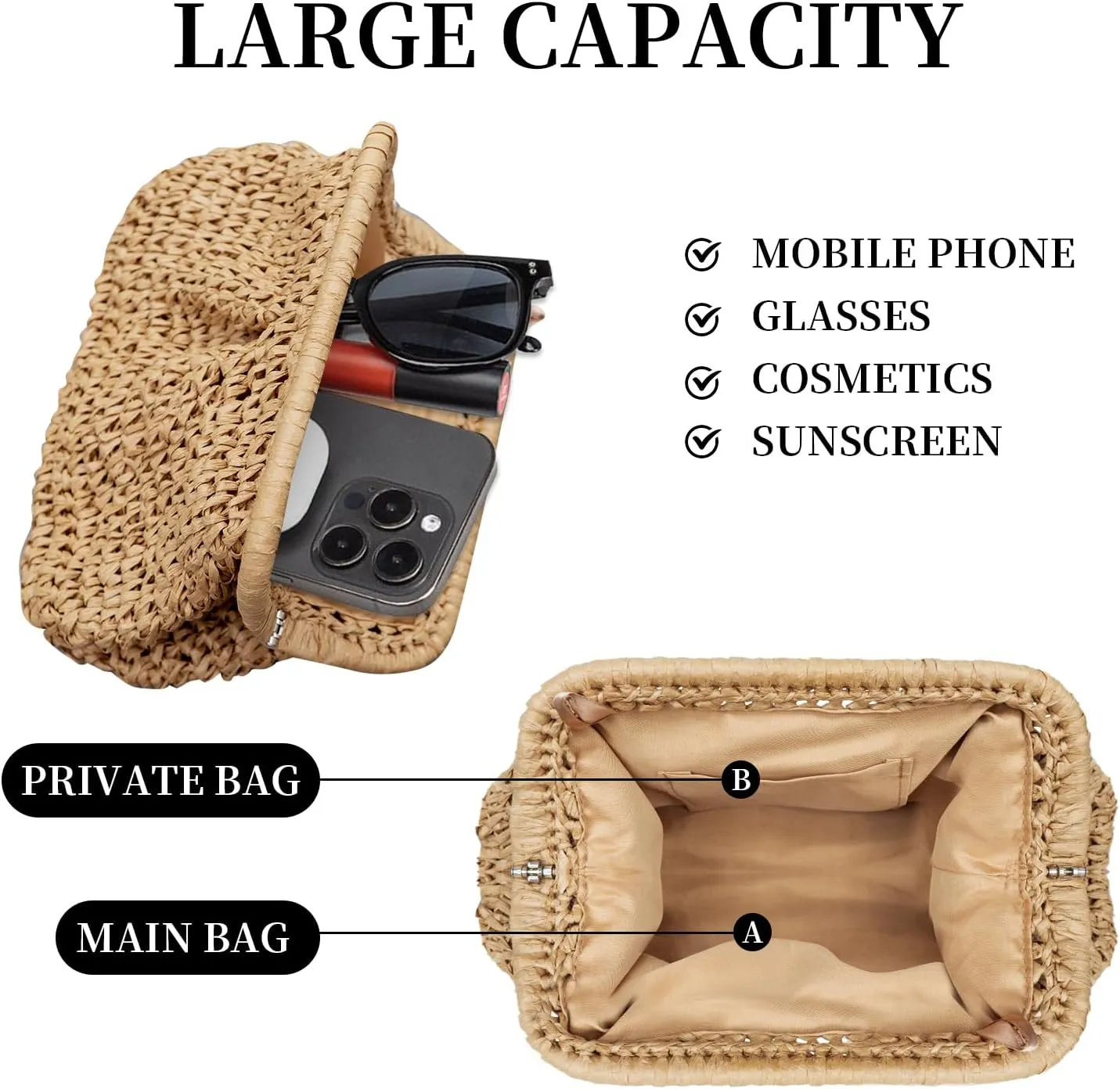 Straw Clutch Purses - Woven Crossbody Bags for Women - Beach Handbags with Cloud Dumpling Pouch