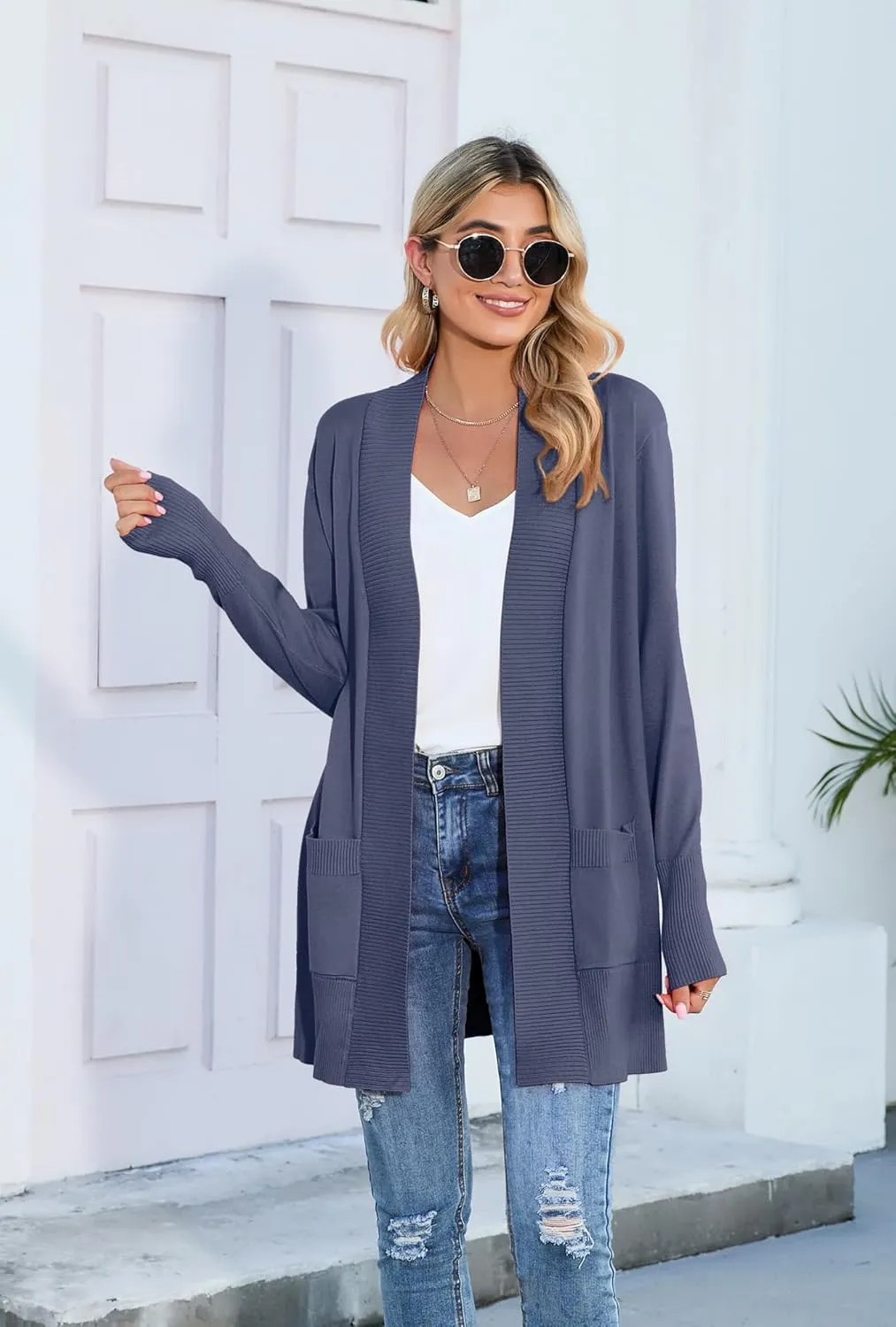 SUEANI Women's Open Front Casual Long Sleeve Knitwear Classic Sweaters Cardigan with Pockets