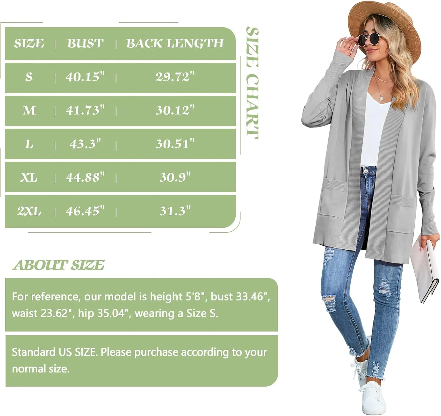SUEANI Women's Open Front Casual Long Sleeve Knitwear Classic Sweaters Cardigan with Pockets