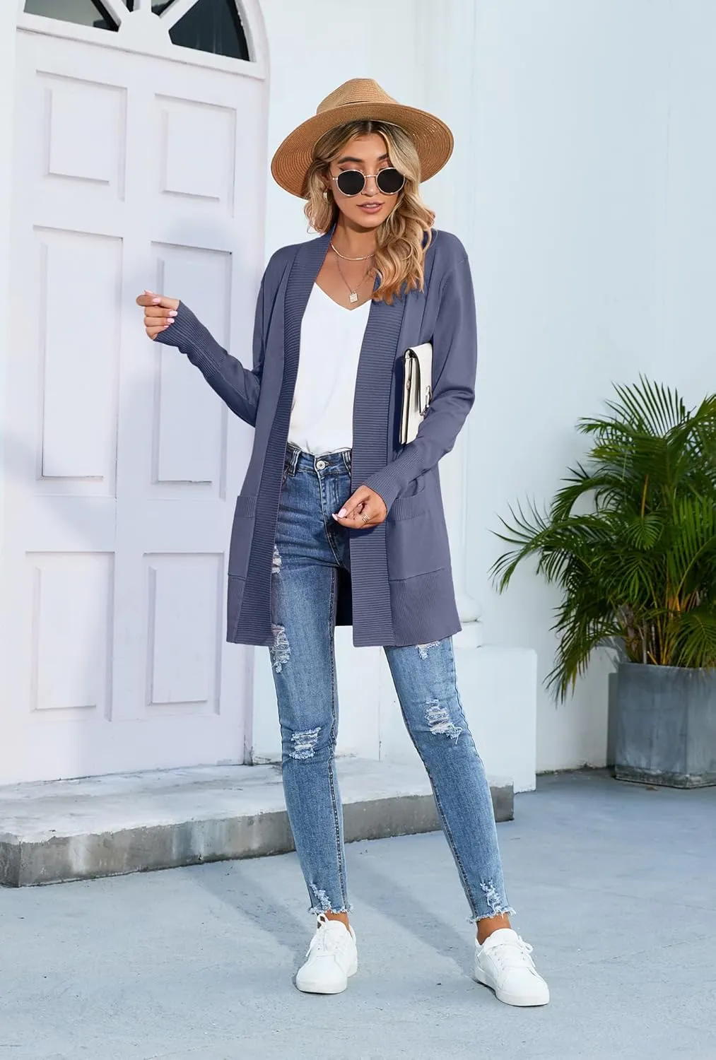 SUEANI Women's Open Front Casual Long Sleeve Knitwear Classic Sweaters Cardigan with Pockets