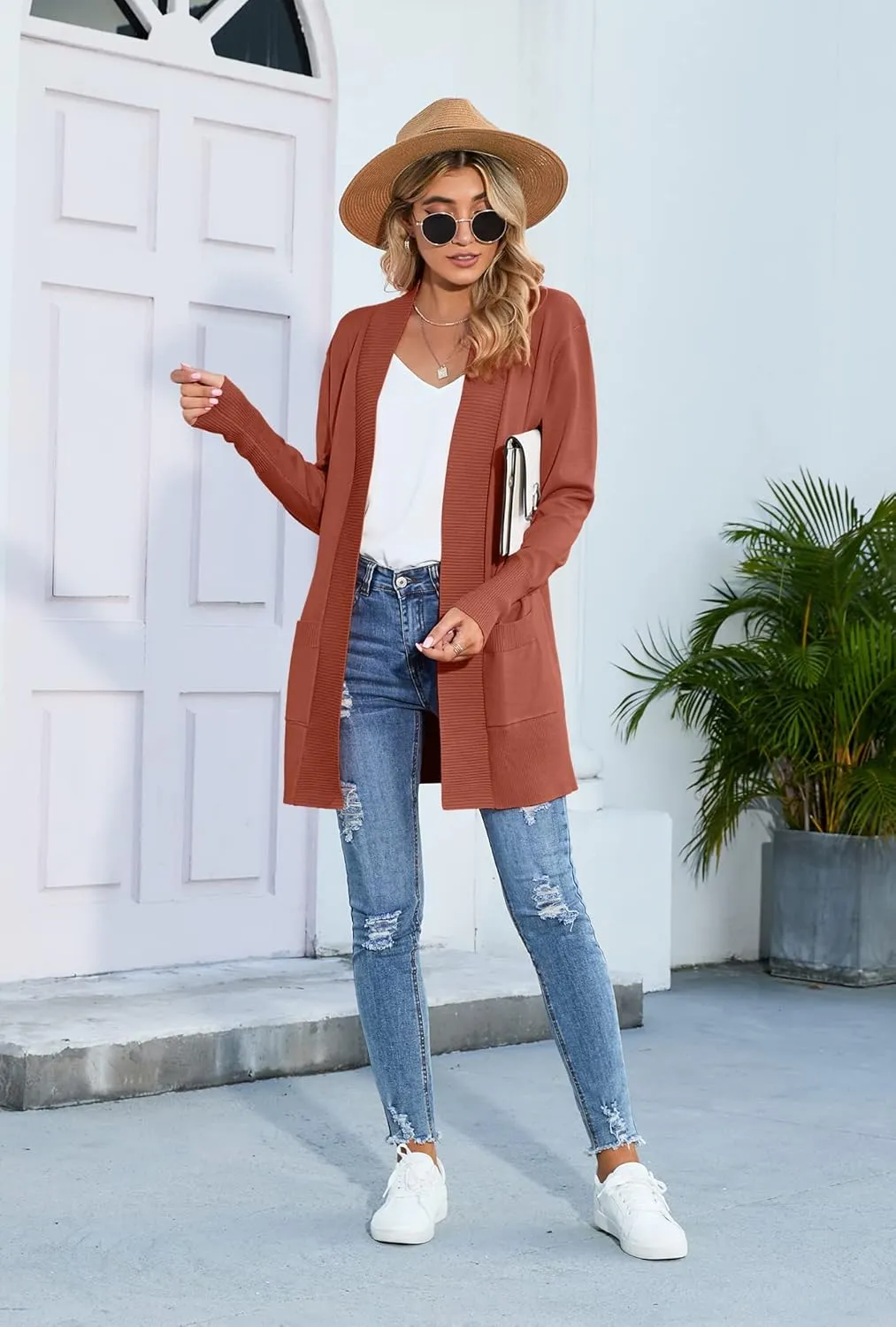 SUEANI Women's Open Front Casual Long Sleeve Knitwear Classic Sweaters Cardigan with Pockets