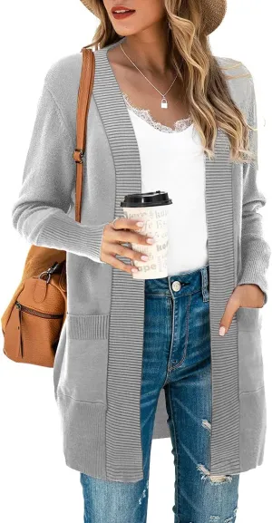 SUEANI Women's Open Front Casual Long Sleeve Knitwear Classic Sweaters Cardigan with Pockets