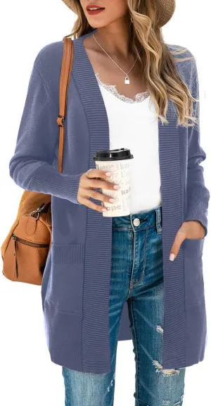 SUEANI Women's Open Front Casual Long Sleeve Knitwear Classic Sweaters Cardigan with Pockets