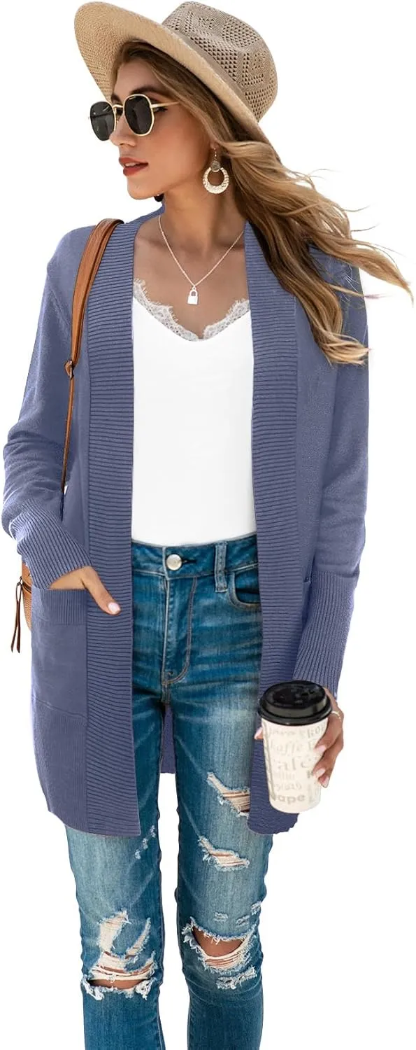 SUEANI Women's Open Front Casual Long Sleeve Knitwear Classic Sweaters Cardigan with Pockets