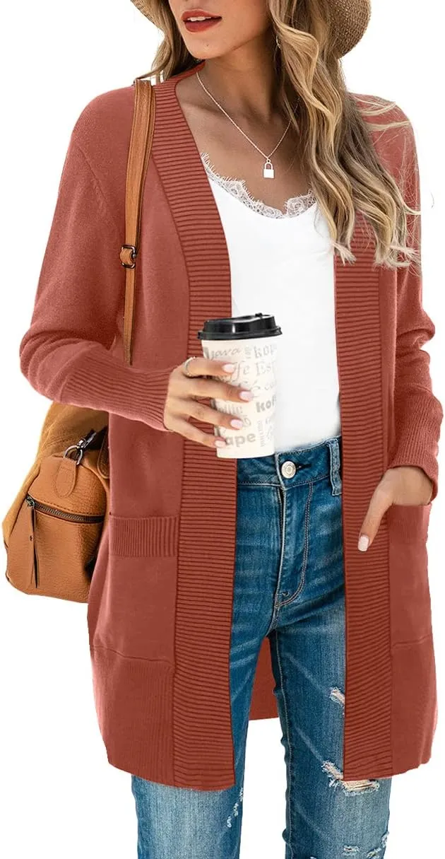 SUEANI Women's Open Front Casual Long Sleeve Knitwear Classic Sweaters Cardigan with Pockets