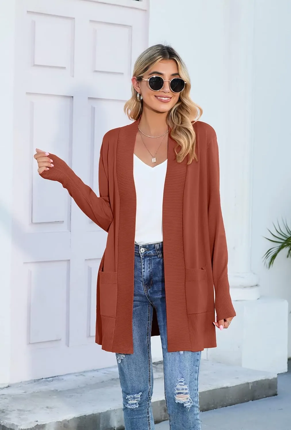 SUEANI Women's Open Front Casual Long Sleeve Knitwear Classic Sweaters Cardigan with Pockets