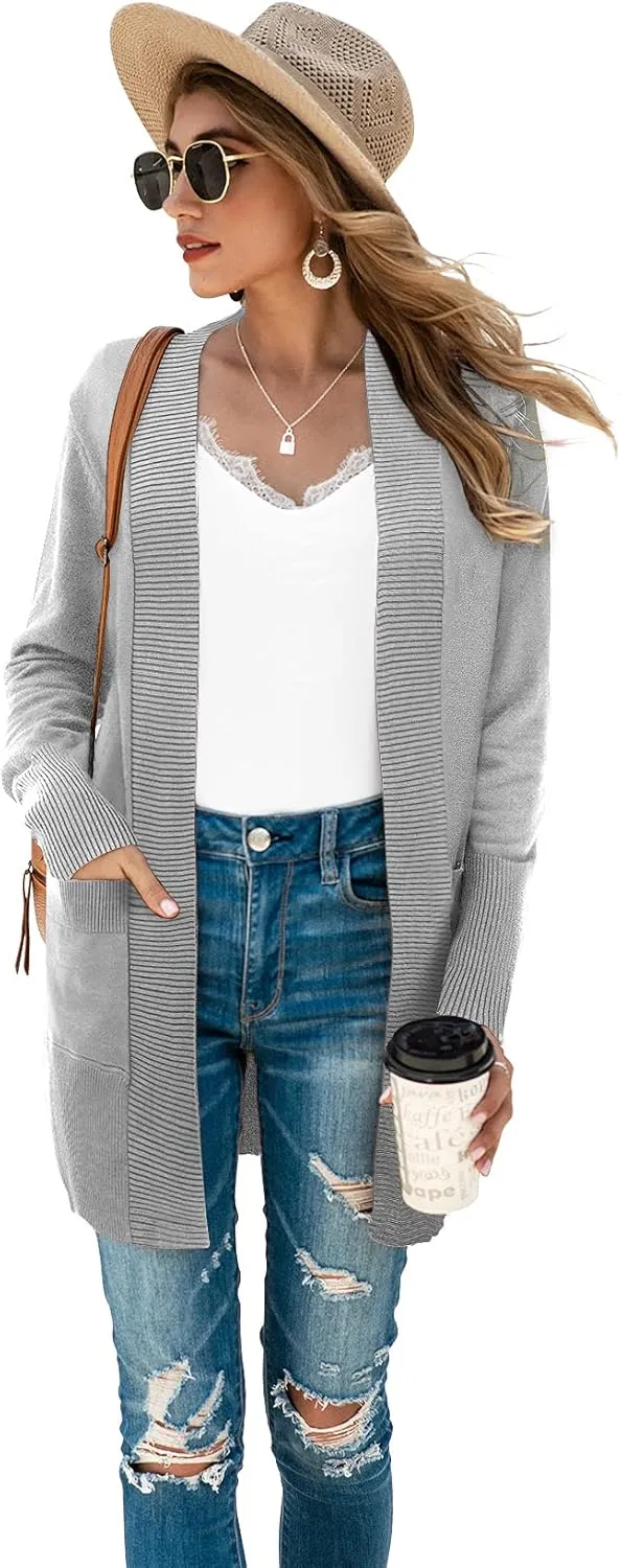 SUEANI Women's Open Front Casual Long Sleeve Knitwear Classic Sweaters Cardigan with Pockets