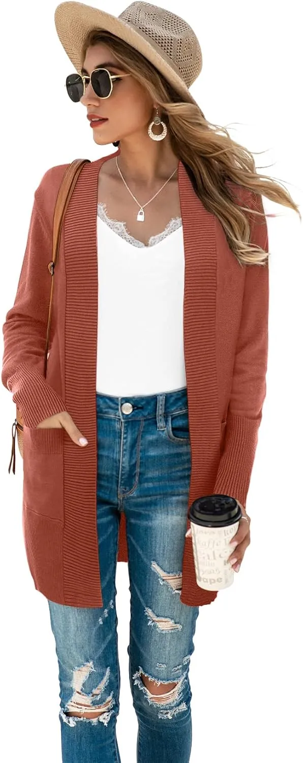 SUEANI Women's Open Front Casual Long Sleeve Knitwear Classic Sweaters Cardigan with Pockets