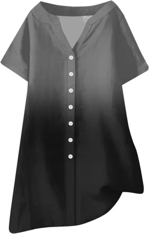 Summer Beach Sundress Women's Gradient Color Dress V Neck Short Sleeve Button Down Top Mini T Shirt Dresses