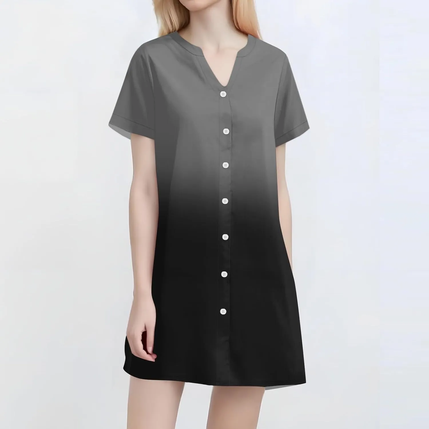 Summer Beach Sundress Women's Gradient Color Dress V Neck Short Sleeve Button Down Top Mini T Shirt Dresses
