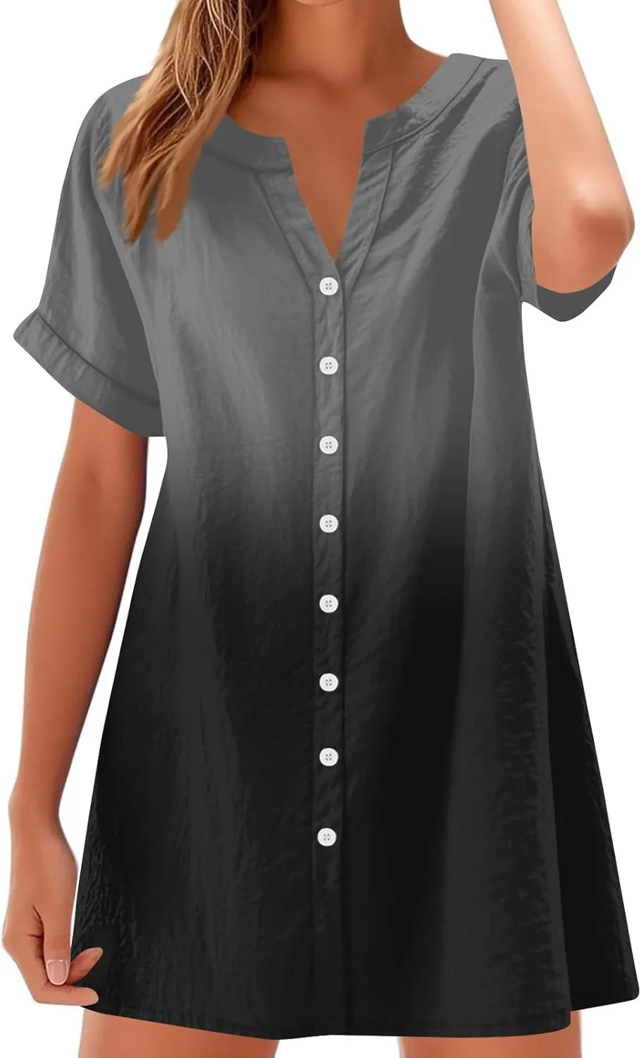 Summer Beach Sundress Women's Gradient Color Dress V Neck Short Sleeve Button Down Top Mini T Shirt Dresses