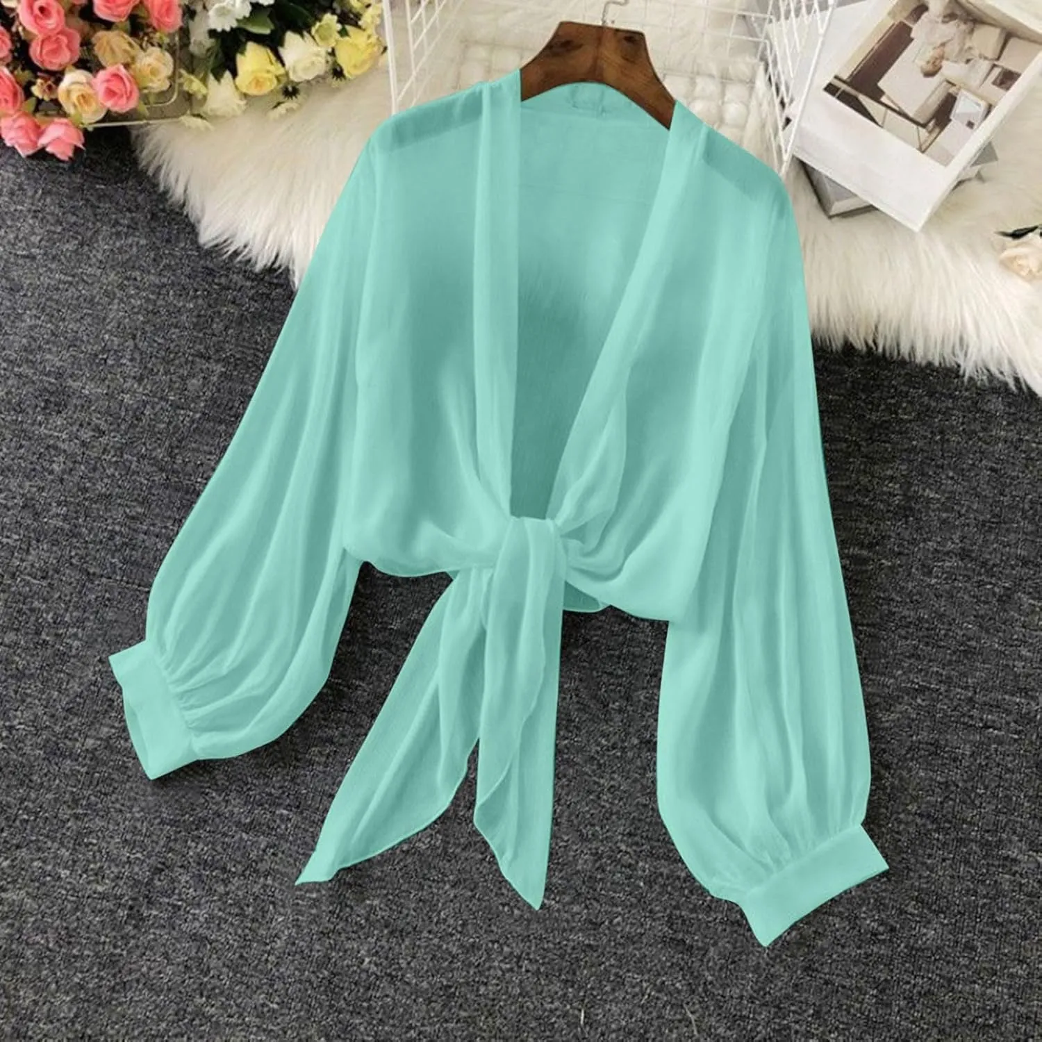 Summer Cardigans for Women Lightweight Chiffon Blouse Boho Floral Tops Cropped Open Front Cardigan Long Sleeve Shirts
