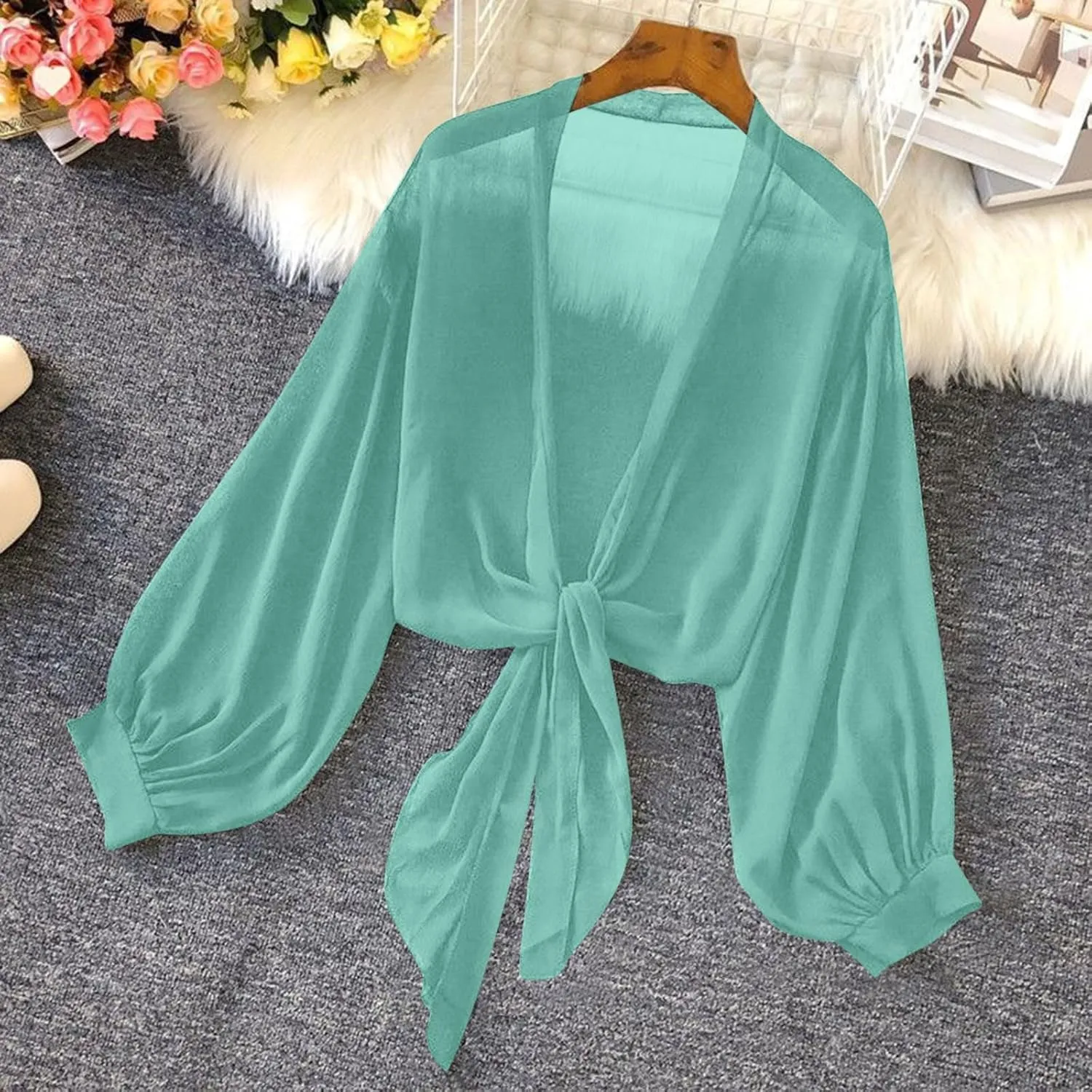 Summer Cardigans for Women Lightweight Chiffon Blouse Boho Floral Tops Cropped Open Front Cardigan Long Sleeve Shirts