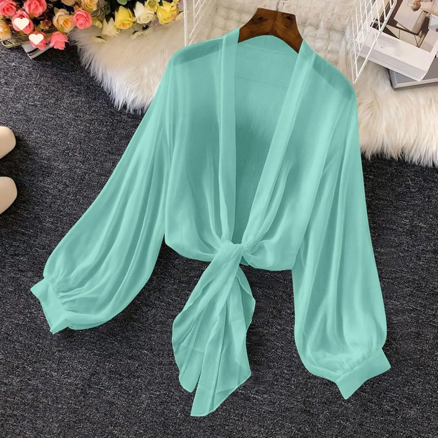 Summer Cardigans for Women Lightweight Chiffon Blouse Boho Floral Tops Cropped Open Front Cardigan Long Sleeve Shirts