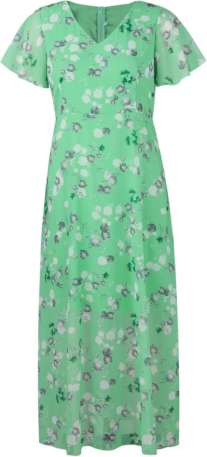 Summer Dress for Women Swing Flowy Ruffle Hem Dresses Short Sleeve Wrap V Neck Chiffon Boho Floral Maxi Dresses