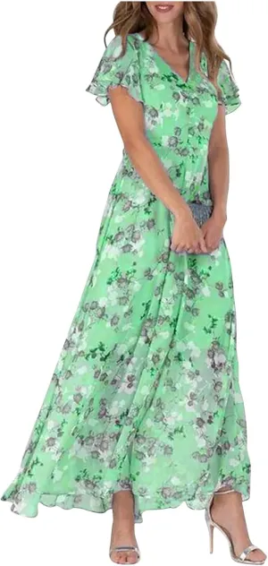 Summer Dress for Women Swing Flowy Ruffle Hem Dresses Short Sleeve Wrap V Neck Chiffon Boho Floral Maxi Dresses