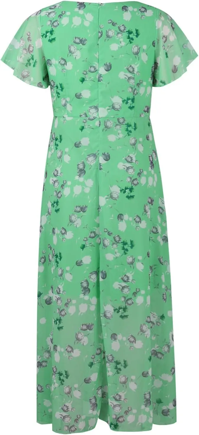 Summer Dress for Women Swing Flowy Ruffle Hem Dresses Short Sleeve Wrap V Neck Chiffon Boho Floral Maxi Dresses