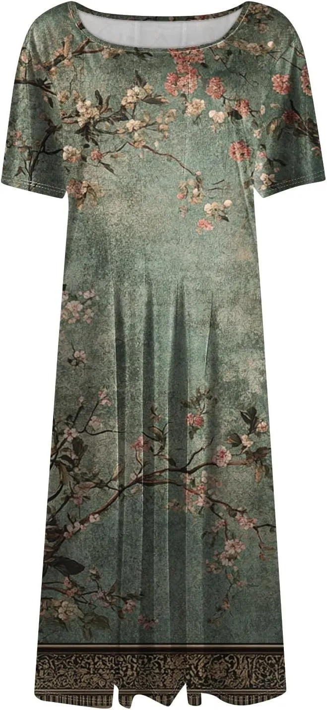 Summer Dresses for Women 2025 Casual Trendy Ruched Spring Loose Crew Neck Semi Formal Short Sleeve Dress