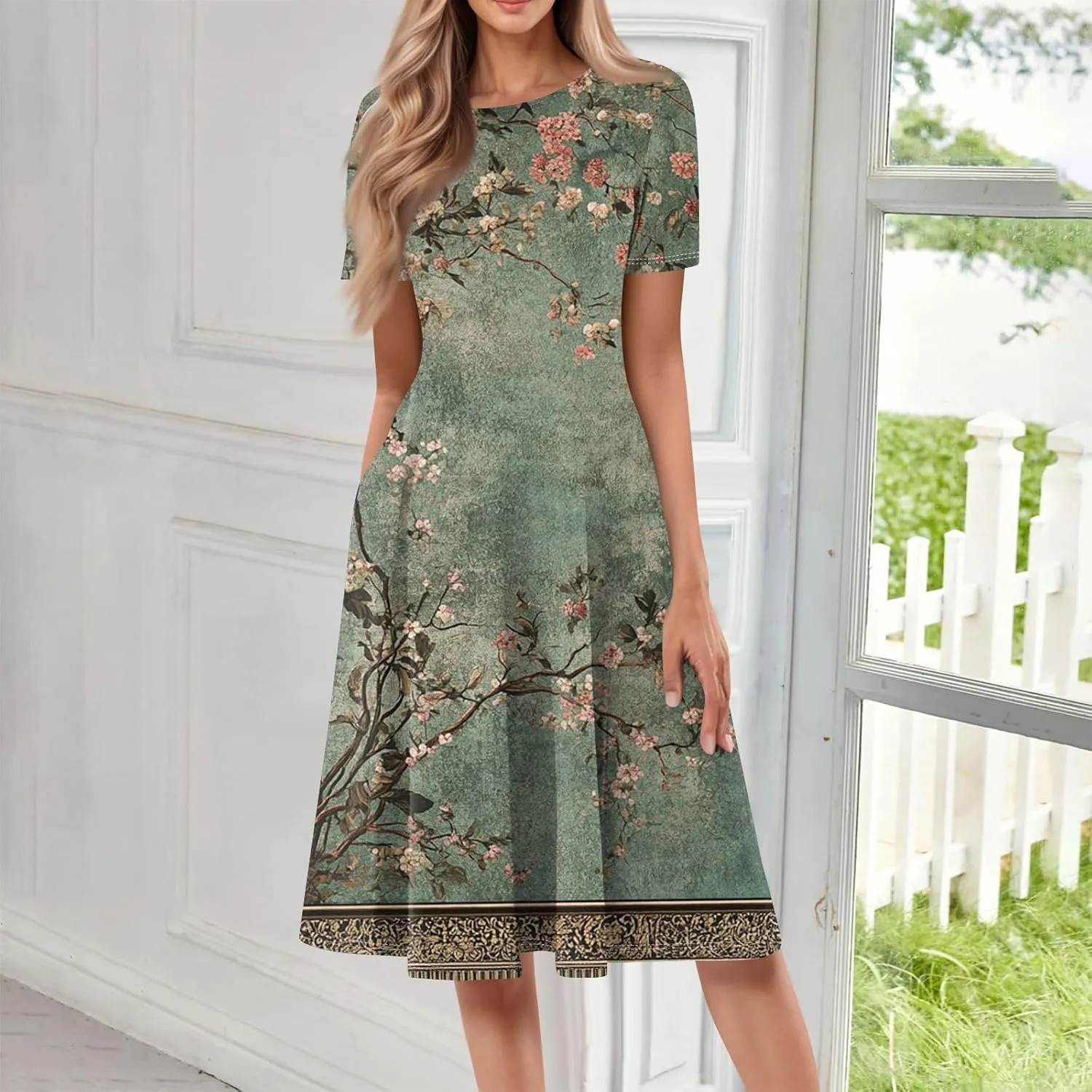 Summer Dresses for Women 2025 Casual Trendy Ruched Spring Loose Crew Neck Semi Formal Short Sleeve Dress