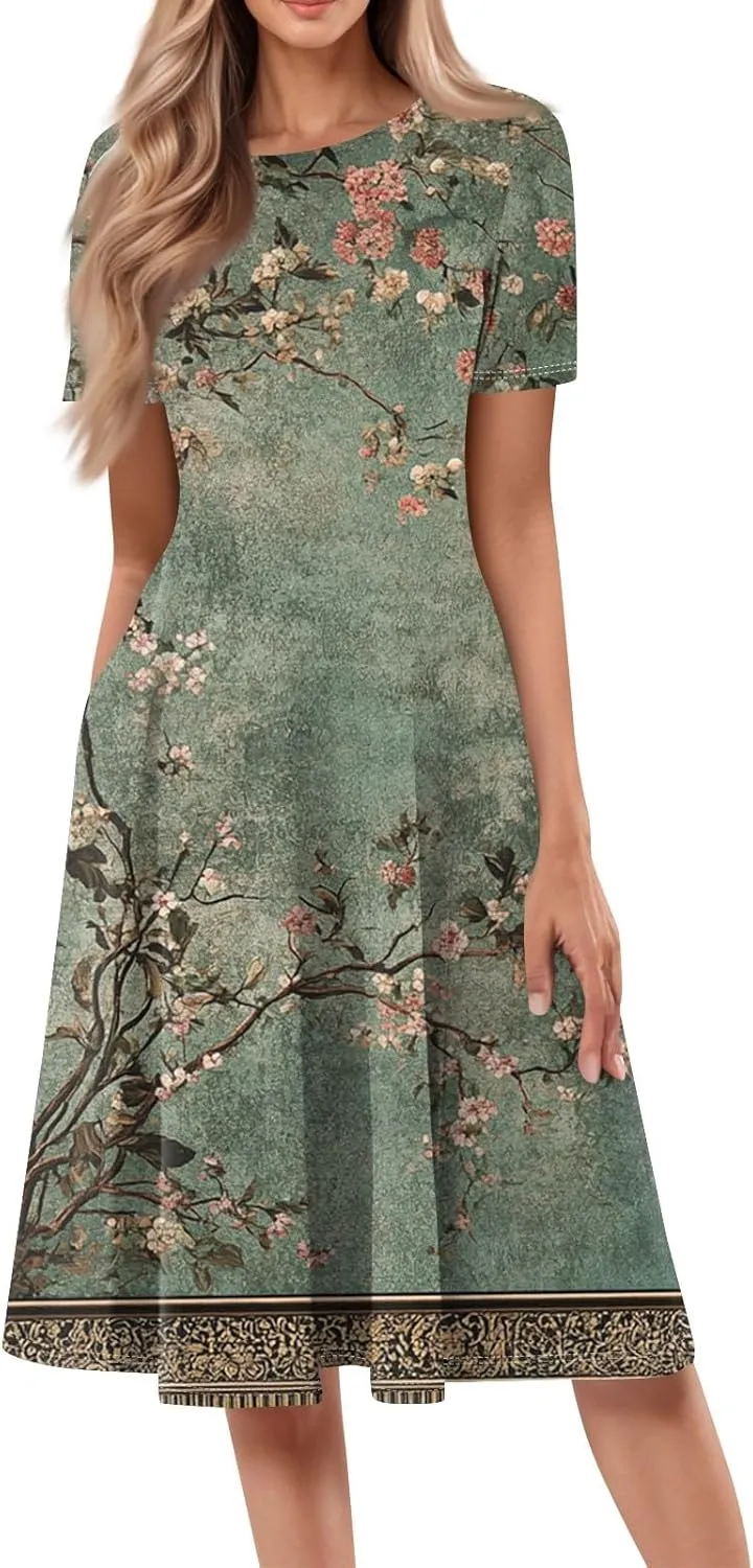 Summer Dresses for Women 2025 Casual Trendy Ruched Spring Loose Crew Neck Semi Formal Short Sleeve Dress