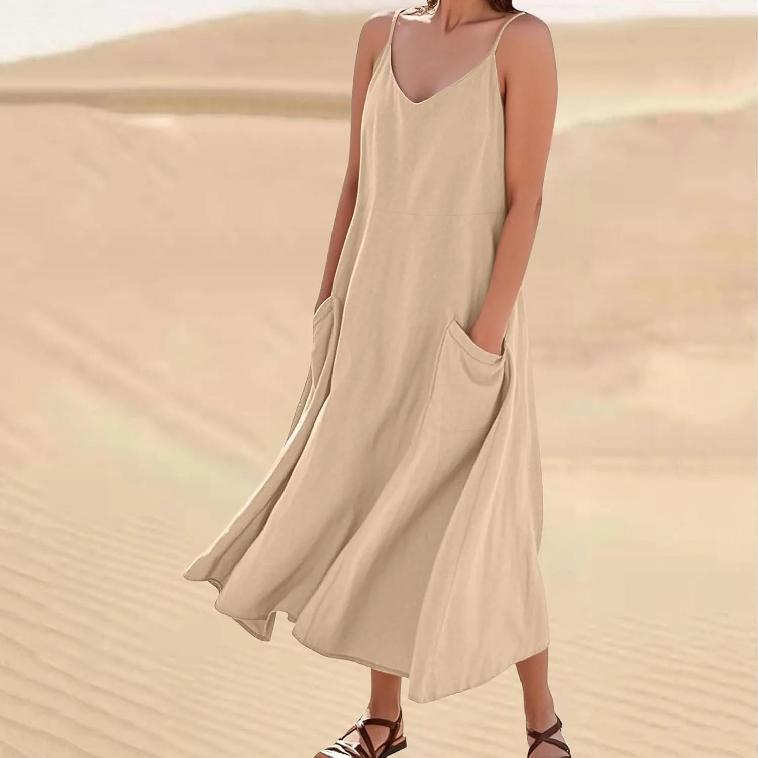 Summer Dresses for Women 2025 Plus Size Sleeveless Linen Dresses Casual Flowy Beach Maxi Sun Dress with Pocket