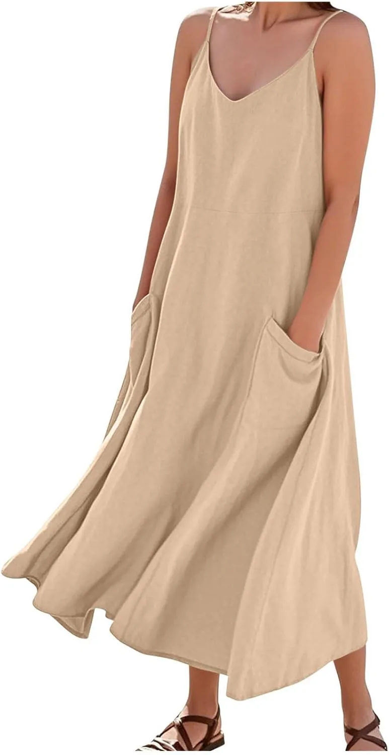 Summer Dresses for Women 2025 Plus Size Sleeveless Linen Dresses Casual Flowy Beach Maxi Sun Dress with Pocket