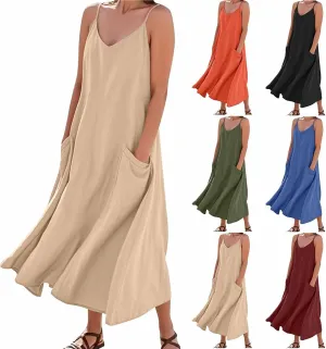 Summer Dresses for Women 2025 Plus Size Sleeveless Linen Dresses Casual Flowy Beach Maxi Sun Dress with Pocket