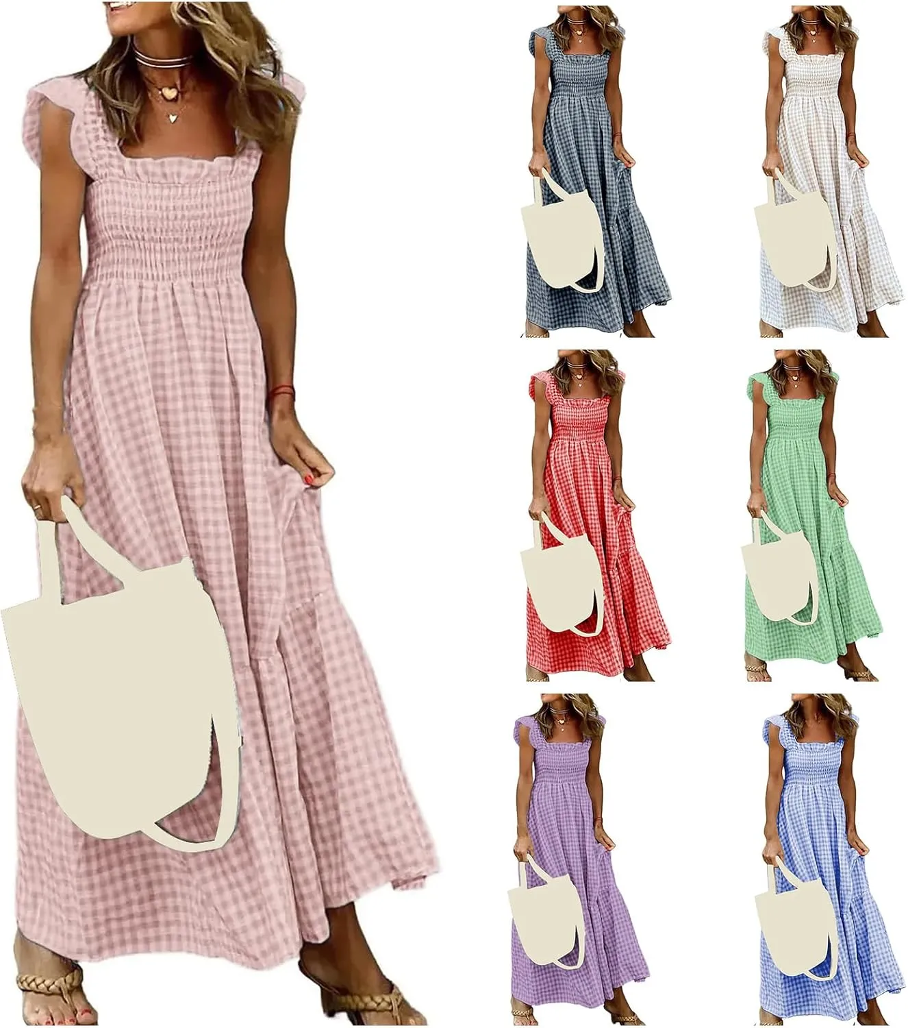 Summer Dresses for Women 2025 Strap Maxi Flowy Dresses Flying Sleeve Plaid Square Neck Casual Beach Vacation Sundress