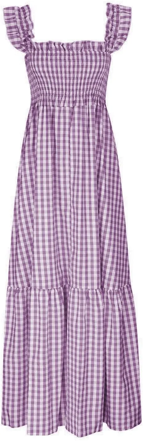 Summer Dresses for Women 2025 Strap Maxi Flowy Dresses Flying Sleeve Plaid Square Neck Casual Beach Vacation Sundress