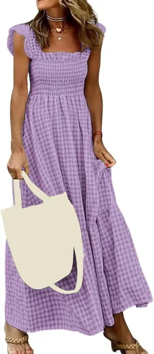 Summer Dresses for Women 2025 Strap Maxi Flowy Dresses Flying Sleeve Plaid Square Neck Casual Beach Vacation Sundress