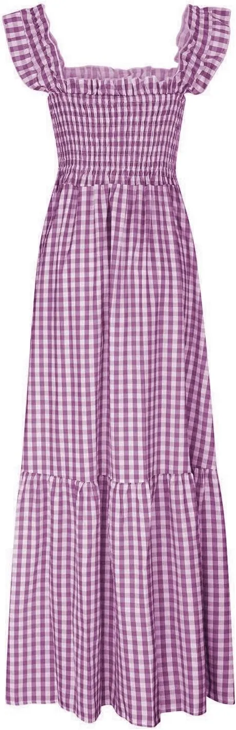 Summer Dresses for Women 2025 Strap Maxi Flowy Dresses Flying Sleeve Plaid Square Neck Casual Beach Vacation Sundress