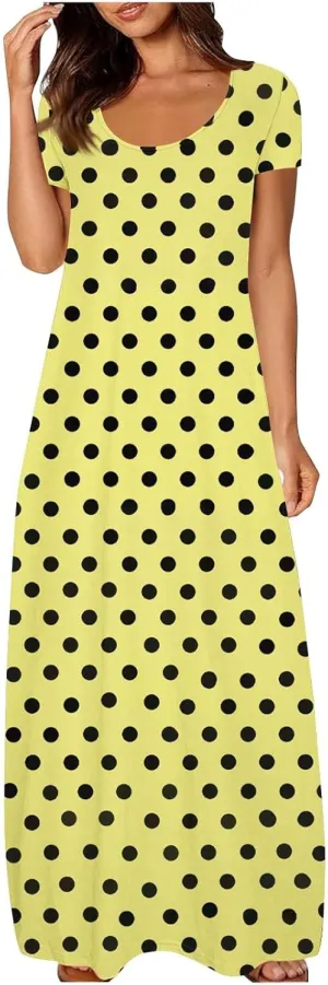 Summer Dresses for Women 2025 Trendy Boho Polkadot Print Cap Sleeve Round-Neck Plus Size Maxi Dress Beach Sundress